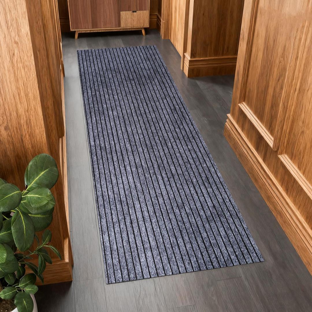 Outdoor Runner Rug 3 ft x 15 ft for Hallway with TPR Backing, Gray Wide Stripes Non-Slip Indoor Runner Rugs Suitable for Balcony, Kitchen, Patio, Garage, Deck, Stair and Entryway Areas