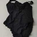 Charmo Womens Scalloped Ribbed One Piece Swimsuits Retro Square Neck Modest Bathing Suits (Small, Black)