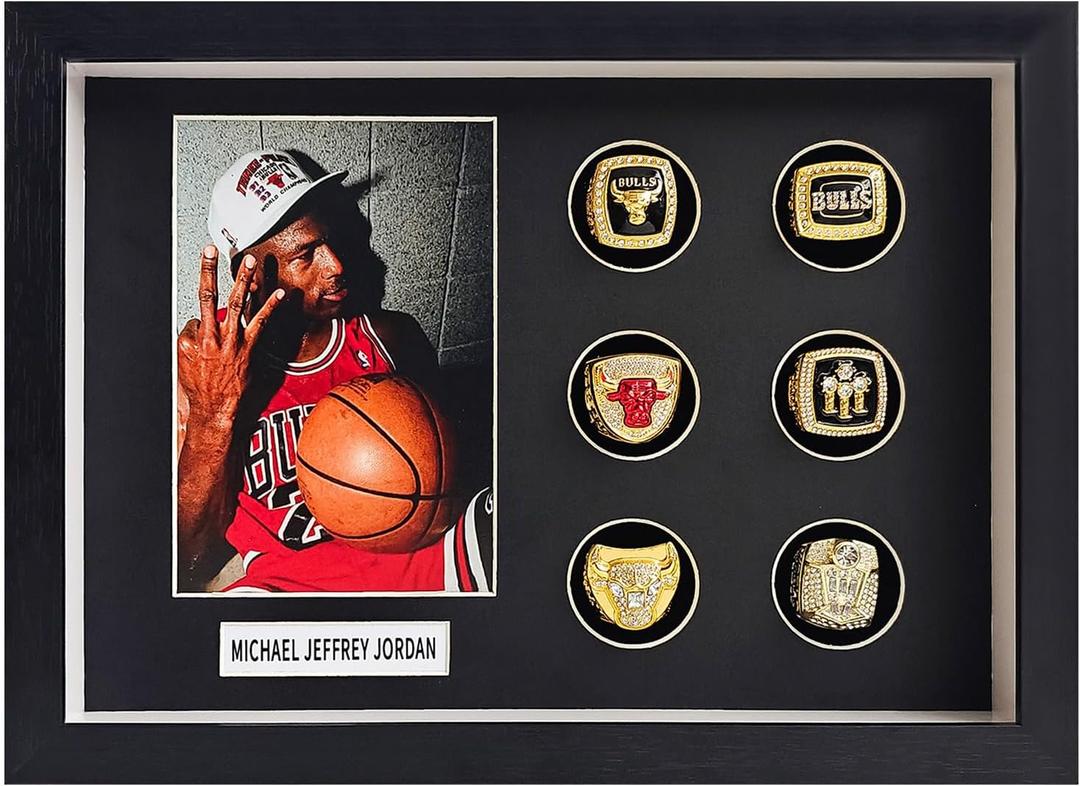Championship Ring Display Case,6 Baseball Ring Holder,Ring Display case,Ring Display,Ring Case,Ring Holder Display,with 4X6 Photo Frame,,12.6x9.2 Solid Wood Frame Shadow Box, Glass Door. Black.