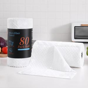 80 Pack Microfiber Cleaning Cloth Roll Reusable Paper Towels 12"x12" Tear Away Cloth,Absorbent Dish Rags for House Kitchen,Wash Cloths,Lint Free Rags for Window Cars Cleaning Supplies (White)