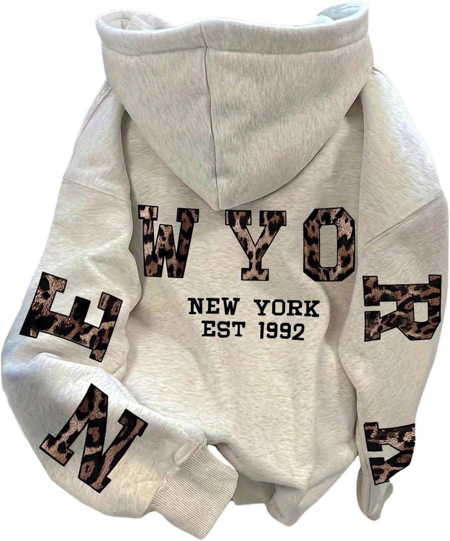 SOLY HUX Women's Hoodies Leopard Graphic Drop Shoulder Long Sleeve Hooded Preppy Sweatshirts Streetwear Light Grey Small