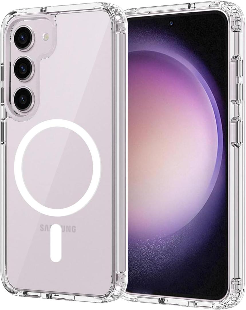for Samsung Galaxy S23 Case Magnetic, [Compatible with Magsafe] 6.1 Inches Heavy Duty Protection Wireless Charging Lightweight Shockproof Anti-Slip Transparent Protective Phone Cover, Clear
