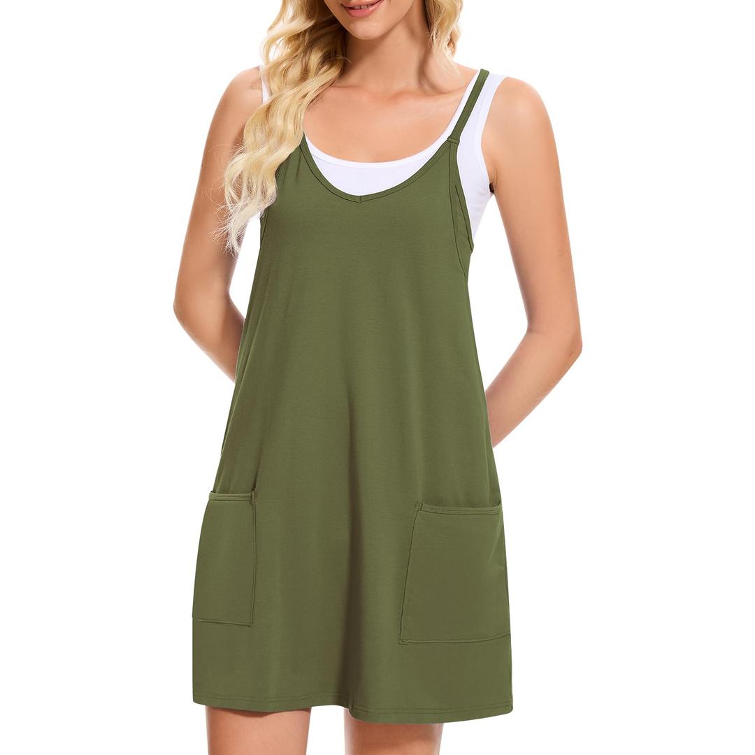 HanaHola Women Tennis Workout Romper Mini Dress Summer Sleeveless Spaghetti Strap Athletic Sports Dress with Shorts(Army Green, X-Small) (Green, XS)