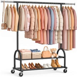 Rolling Clothes Rack Heavy Duty Clothing Racks with 2 Shelves, Black 556 LBS Load, Height Adjustable, Portable Garment Racks for Hanging Clothes, Coat Wardrobe with Wheels for Bedroom Laundry, 9.7 inch widened base of garment rack enhance stability