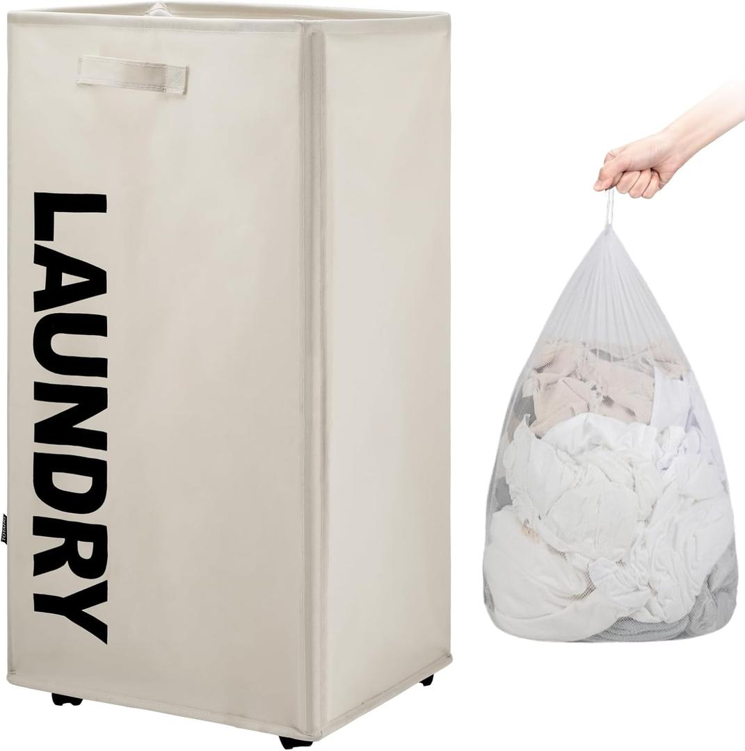 TOTANKI 29" X-Large Rolling Laundry Basket on Wheels with Removable Bag, Foldable Laundry Hamper with Handle, Collapsible Laundry Sorter and Organizer, Tall Storage Basket Bin (Beige)