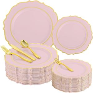 Noemie 300 PCS Pink Hard Plastic Plates Set for 50 Guests,Heavy Duty Disposable Plates for Dinner Party Wedding-50 Dinner Plates,50 Dessert Plates, 50 Spoons, 50 Forks,50 Knives,50 Dessert Forks (Pink and Glod)