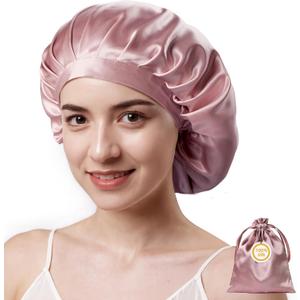 Kaome 100% Mulberry Silk Bonnet for Sleeping Women, 22 Momme Double Layer Silk Hair Wrap, Non-Slip Sleep Cap with Adjustable (Pink)