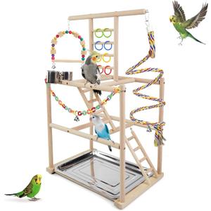 Bird Playground, Parrots Playstand for Small to Medium Birds, Perch Stand with 3 Ladders Playgym with Rope Perch, Swings Feeder Cups Bird Cage Accessories for Conure Cockatiel Lovebirds