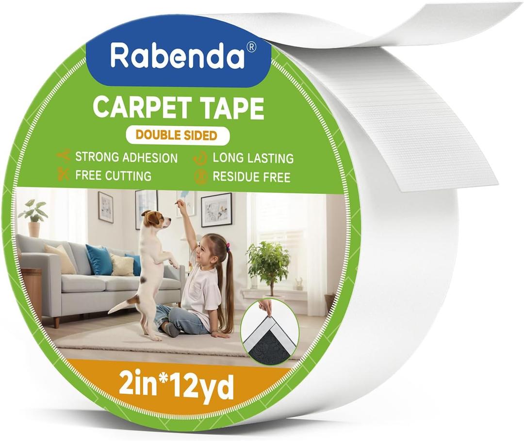 Rabenda Double Sided Carpet Tape - 2 Inch x 12 Yards Removable Rug Tape for Hardwood Floors, Tile & Laminate - No Residue Strong Hold Anti Slip Gripper for Area Rugs, Mats & Carpets
