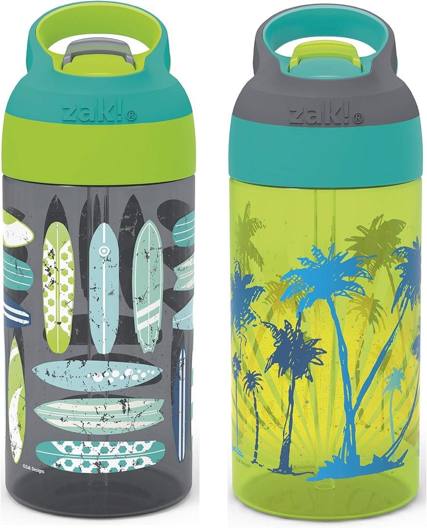 Zak Designs 16oz Riverside Beach Life Kids Water Bottle with Straw and Built in Carrying Loop Made of Durable Plastic, Leak-Proof Design for Travel, 2PK Set (Multicolor)