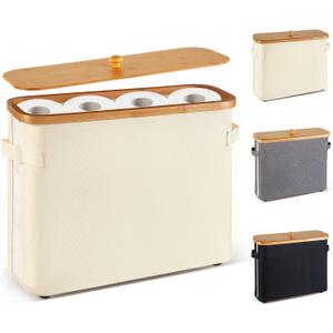 Toilet Paper Storage Basket with Lid and Handle for Bathroom Bamboo Collapsible Toilet Paper Holder Storage with Non-Slip Bottom ,Extra Toilet Roll Storage, Beige (Medium)