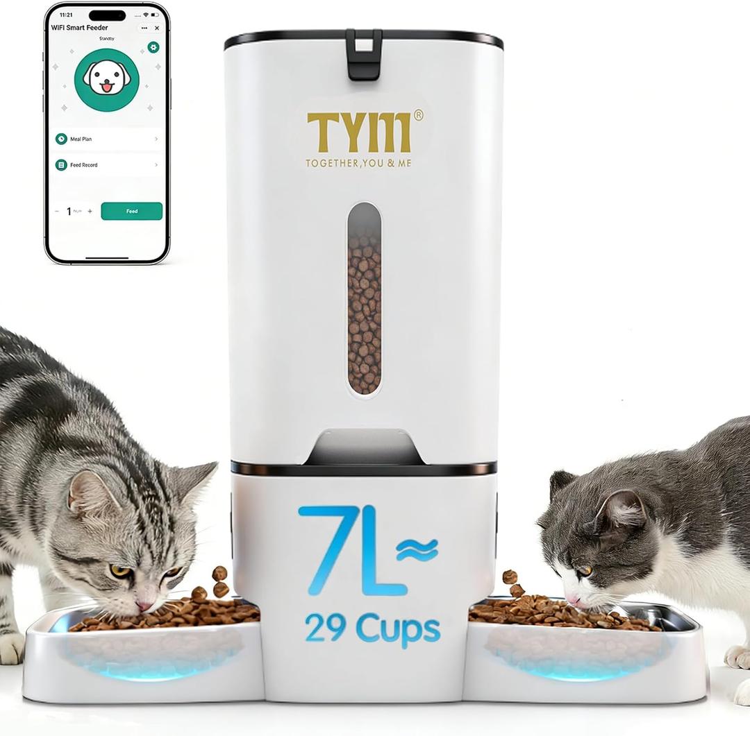 TYM Dual Automatic Cat Feeder for 2 Cats, 7L WiFi Cat Food Dispenser with Smart App Control, Programmable Feeding Schedule for Multiple Pets, Stainless Steel Double Bowls, Detachable for Easy Clean