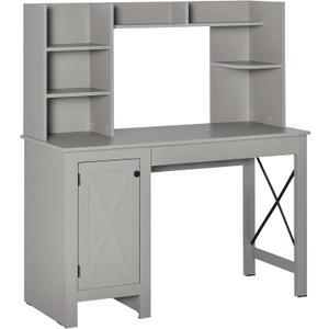 HOMCOM Farmhouse Computer Desk with Hutch and Cabinet, Home Office Desk with Storage, for Study, Light Grey