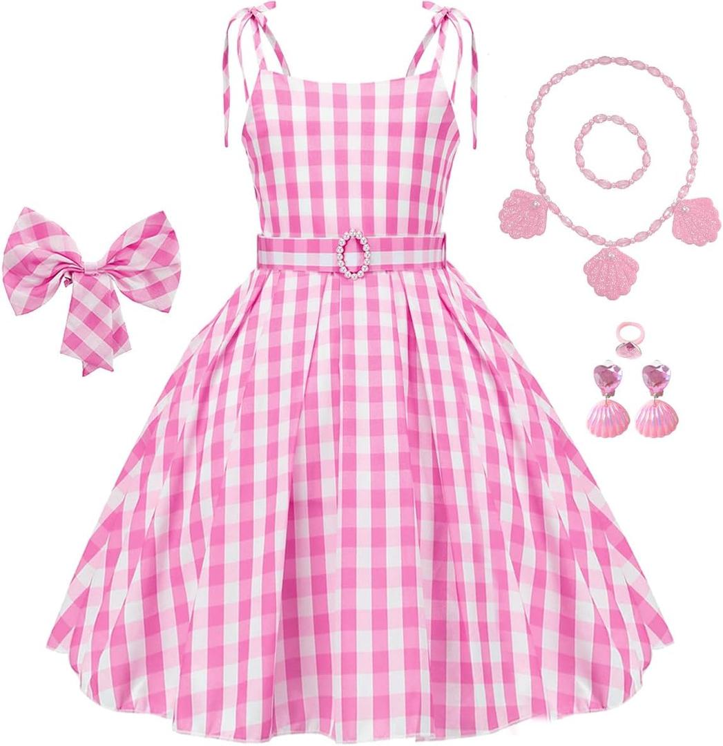 Girls Pink Gingham Costume Dress Movie Cosplay Dress up Kids Birthday Party Halloween Outfits with Accessories (3-4 Years)