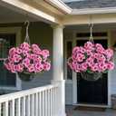 GLIDLION 2 Set Artificial Geraniums Flowers with Hanging Baskets for Outdoors - Sun Resistant Silk with Geranium Flowers, Fake Hanging Planters for Front Porch Garden Patio Home Decor (Pink)
