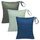 babygoal Wet Dry Bags for Baby Cloth Diapers 3 Pack, Washable Travel Bags, Beach, Pool, Gym Bag for Swimsuits & Wet Clothes with Two Pockets, Snap Handle 3LN32 (Olive and bean green & lake blue)