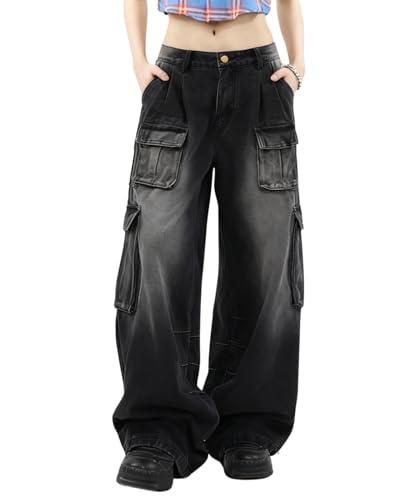 Hugboom Baggy Cargo Pants for Women Girls Retro Low Rise Wide Leg Jeans Y2k Hip Hop Streetwear Grunge Clothes Black(M)