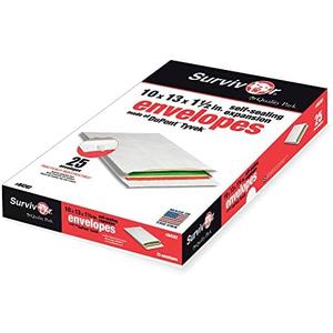 Quality Park Survivor Lightweight 14 lb Tyvek Open End 1.5" Expansion Mailers, 13 1/2, Square Flap, Redi-Strip Closure, 10 x 13, White, 25/Box