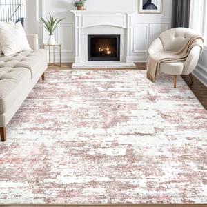 Area Rugs for Living Room: 8x10 Abstract Washable Rug Modern Neutral Large Soft Stain Resistant Non-Slip Backing Machine Table for Bedroom Dining Room Indoor Home Office Carpet - Pink