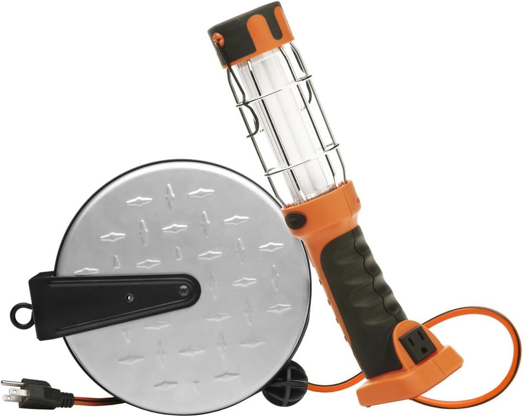 Woods Extension Cord Reel with Trouble Light, 30Ft, 16 Gauge, 3 Conductor, 13-Watt Fluorescent Light, Orange, E318