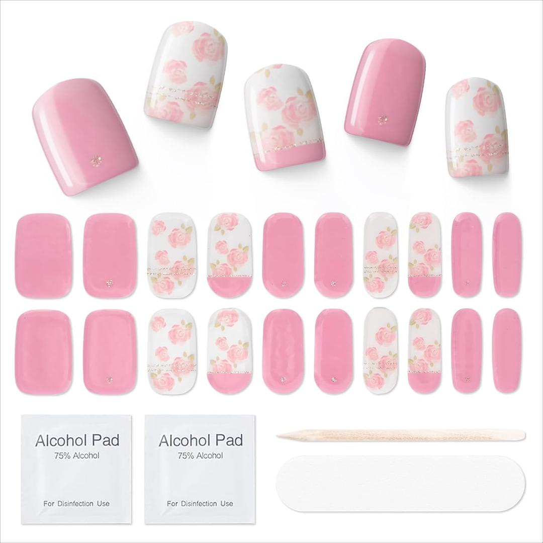 10 x Semi Cured Gel Nail Strips|Works with Any UV/LED Lamps|20 Pcs Gel Nail Stickers|Long-Lasting Two Weeks and Easy to Apply & Remove|Rose Language