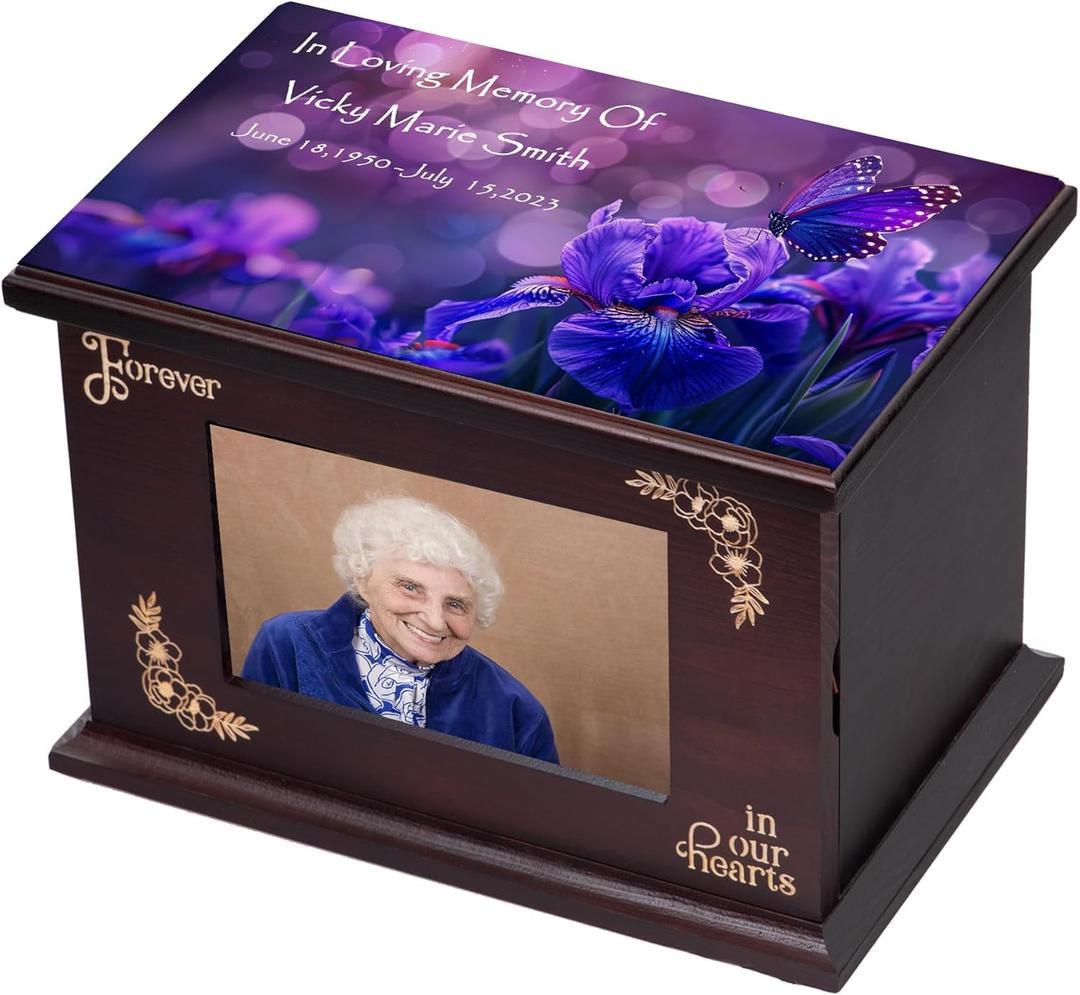 PREKIAR Cremation Urns for Ashes Wooden Urn Memorial Urn for Human Ashes Adult Male Female Large Burial Funeral Wood Urns with Photo Frame Keepsake Urn Box and Casket (Horizontal style urn-Custom 2)