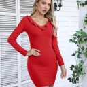 Valiamcep Women's Mini Dress V Neck Ruffle Long Sleeve Ribbed Slim Fitted Bodycon Pencil Dresses (Red, S)