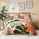 Tyrot 3 Piece Boho Floral Full/Queen Quilt Sets Farmhouse Botanical Reversible Lightweight Bedspread Coverlet with 2 Shams Mid Century Leaves Microfiber Bedding Quilts Set for All Season, 90''x96''