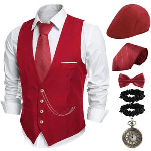 PARTTELY 1920s Mens Costume,Roaring 20s Costumes for Men,1920S Mens Outfit Accessories with Vest Hat Pocket Watch Tie Armband (Red, L)