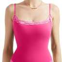 SUUKSESS Women Square Neck Lace Bodysuit Sleeveless Spaghetti Strap Tank Top (Small, Hot Pink)