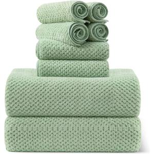 8-Piece Bath Towel Set, 2 Extra Large Bath Towel Sheets, 2 Hand Towels and 4 Washcloths - Highly Absorbent Quick Dry Polyester,Ultra Soft Towel Set for Bathroom, Waffle Weave Design, Pack of 8, Green
