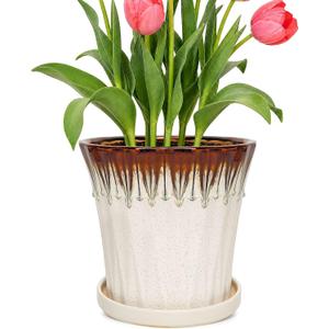 8.3 Inch Ceramic Planters with Drainage Hole and Saucer,Indoor Outdoor Large Flower Pots, Garden Pot for Plant Lovers (Drip White)