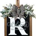 Last Name Year Round Front Door Wreath Front Porch Decoration 26 Letter Welcome Sign with Eucalyptus Garland and Bow Spring Wreaths for Front Door Outside Hanger GarlandR