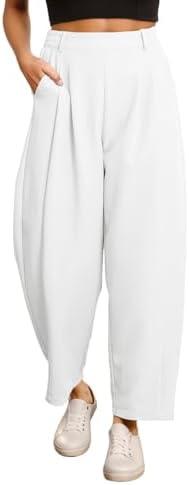 EVALESS Women's Wide Leg Barrel Pants Elastic High Waisted Trousers Business Work Casual Palazzo Pants with Pockets L White