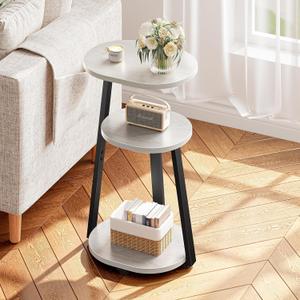 Kalrin Side Table, Small End Table with Metal Frame, 3-Tier Bedside Tables, Round Side Tables for Living Room Bedroom Couch Bathroom, Oval, White Maple