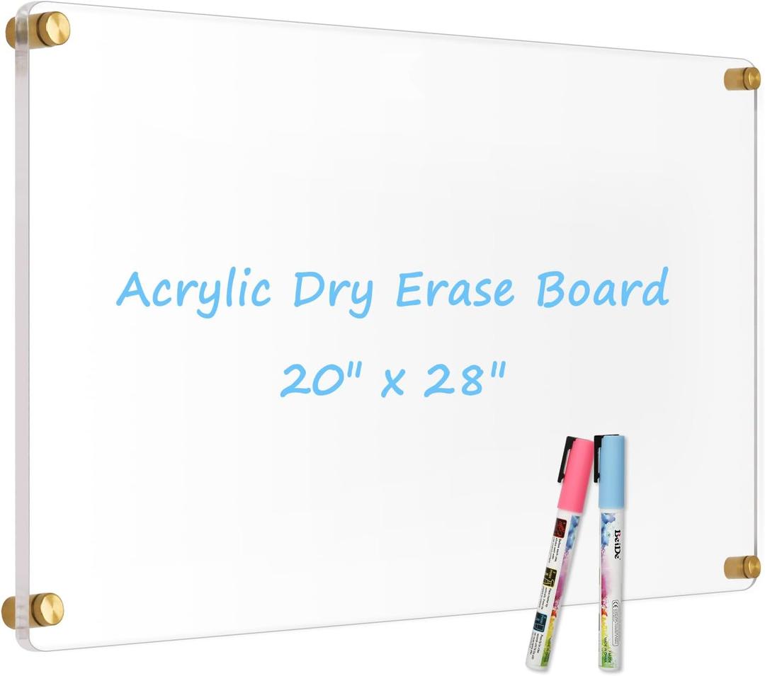 Large Clear Acrylic Dry Erase Board, 28" X 20" Golden Non-Magnetic Frameless Clear White Board for Wall, Erasable Acrylic Board for Wall, Home, Office, School, 2 Markers