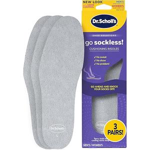 Size: Mens 7-13 Womens 5-10Dr Scholl’s Go Sockless! Cushioning Insoles for Women Men Unisex, 3 Pairs, Trim to Fit Absorbs Moisture to Keep Feet Dry, Shoe Inserts for Women Men with Plush Terry Cloth Layer for Added Comfort 