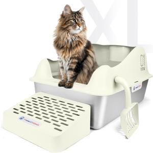 Enclosed Stainless Steel Cat Litter Box with Lid, XL Extra Large Litter Box for Big Cats, High Sided, Never Absorbs Odors, Non-Sticky, Anti-Leakage, Easy Cleaning (24" L x 16" W x 12" H, Beige)