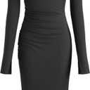 CIDER Long Sleeve Dress for Women High Neck Ribbed Knit Bodycon Ruched Midi Dress Cocktail Party Sweater Solid Dress (Small, Black)