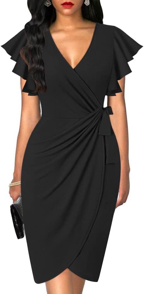 oten Womens Deep V Neck Ruffle Sleeve Sheath Casual Cocktail Party Work Faux Wrap Dress (X-Large, 1+black)