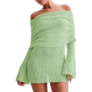 Imily Bela Womens Beach Swimsuit Cover Ups Summer Off The Shoulder Long Bell Sleeve Sheer Mini Dress (Large, Mint Color)