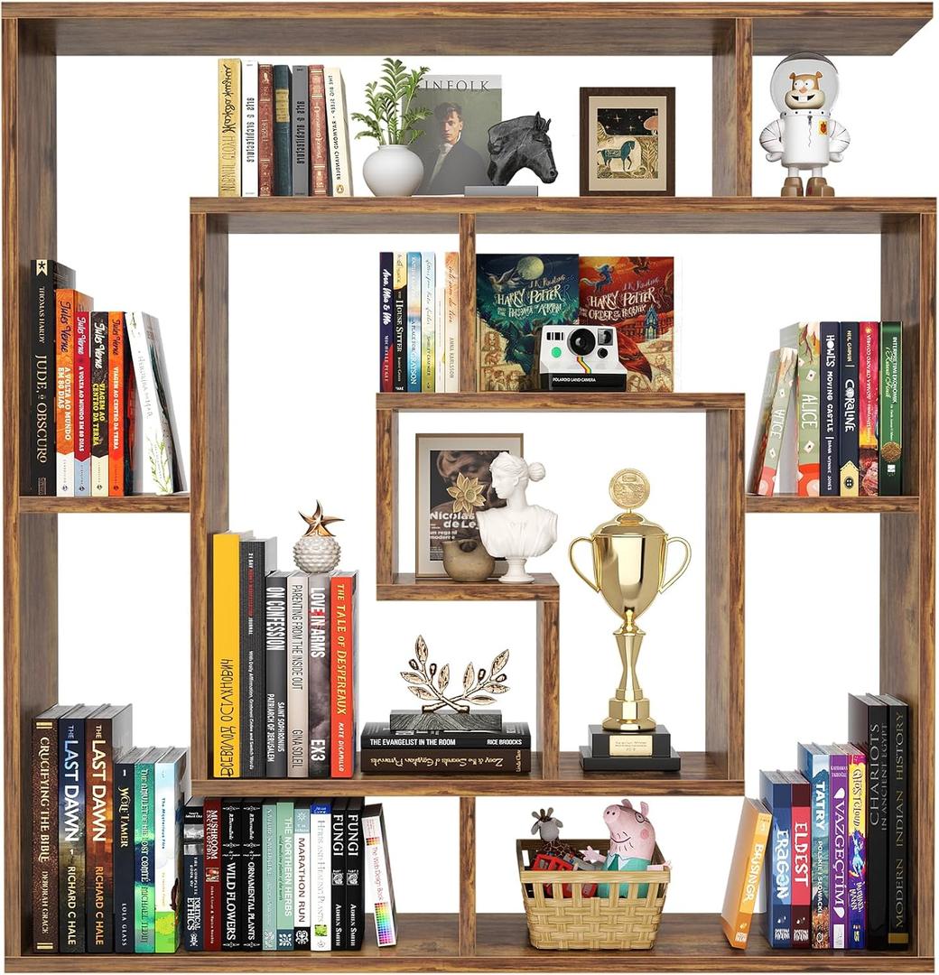 Armocity 6 Tier Display Book Shelf Wall Mounted Bookshelf Freestanding Geometric Bookcase Floating Book Shelves for Wall Bedroom Living Room Home Office, 45.5"(W) * 47"(H), Rustic Brown