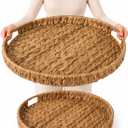 2 Pack Round Wicker Ottoman Trays with Handles, 20" & 16" Hand-Woven Serving Trays for Coffee Table, Living Room, Kitchen Counter, Breakfast, Farmhouse Home Dcor