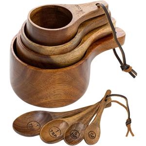 Wooden Measuring Cups and Spoons Set - Eco-Friendly Solid Acacia Wood, Laser Engraved Measurements, Perfect for Baking & Cooking - Ideal for Bakers, Chefs & Home Cooksbrown
