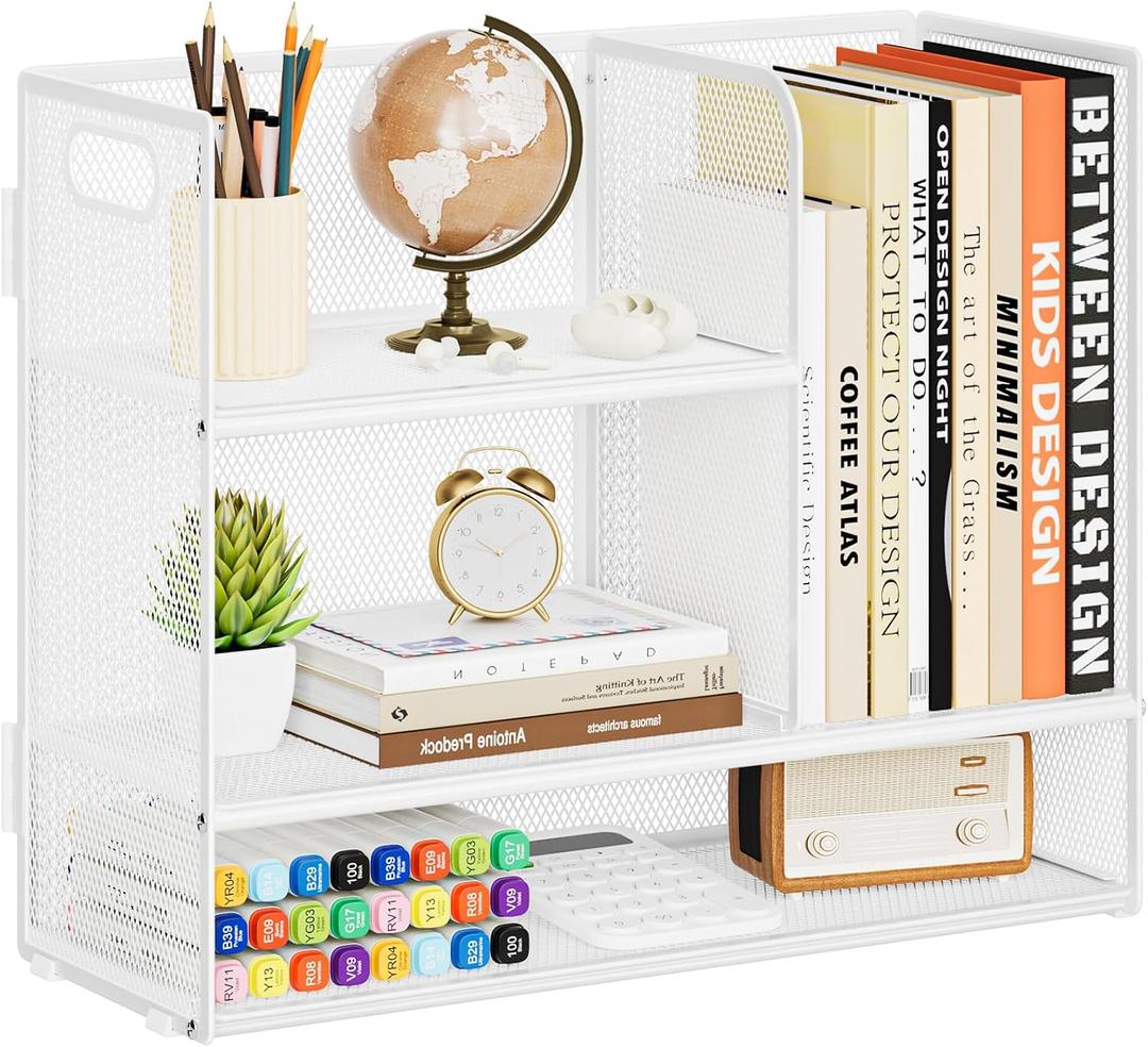 Marbrasse 3-Tier Desk Shelf Organizer with Handle, Desktop Bookshelf File Holder, Mesh Display Shelf Organizer Storage Rack for Office, Home, Supplies, Kitchen (White), 14 x 6 x 13 inches