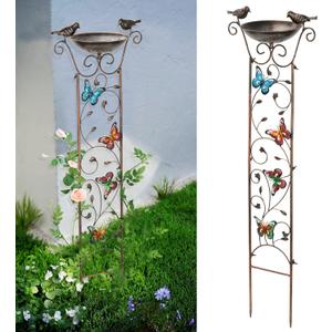 SUNNYPARK Bird Bath with Trellis Outdoor, Antique Garden Iron Trellis with Decorative Butterflies Detachable Bird Bowl Metal Potted Plants Support for Climbing Flowers (Butterfly)