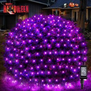 BlcTec Halloween Net Lights, 200 LED 8.2ft x 4.9ft Purple Halloween Bush Lights with 8 Modes, Timer, Connectable, Waterproof and Green Wire Design for Trees, Bushes, Halloween Decorations Outdoor