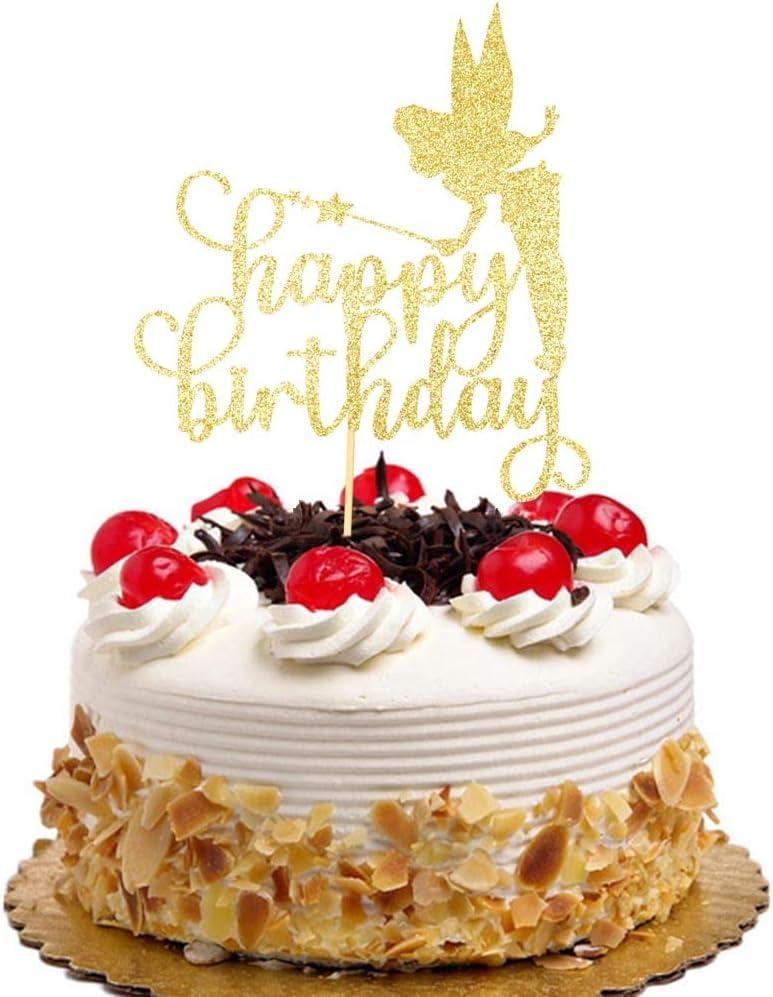 Fairy Happy Birthday Cake Topper Angel Princess Cake Toppers for Birthday Party Decoration Supplies, Gold Glitter