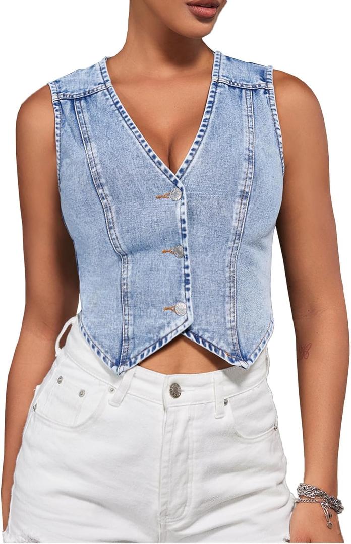 SHENHE Women's Denim Vest Button Down Sleeveless Jean Vest Top Y2K Cropped Denim Top Cowgirl Western Outfits (Medium, Blue)