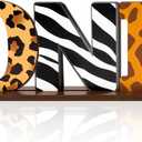 ANGOLIO Jungle Safari Animal One Letter Sign Table Wooden Centerpieces for Baby Boys,Leopard Zebra Giraffe Print 1st Birthday Party Decorations, One Years Old Birthday Party Sign Photo Props
